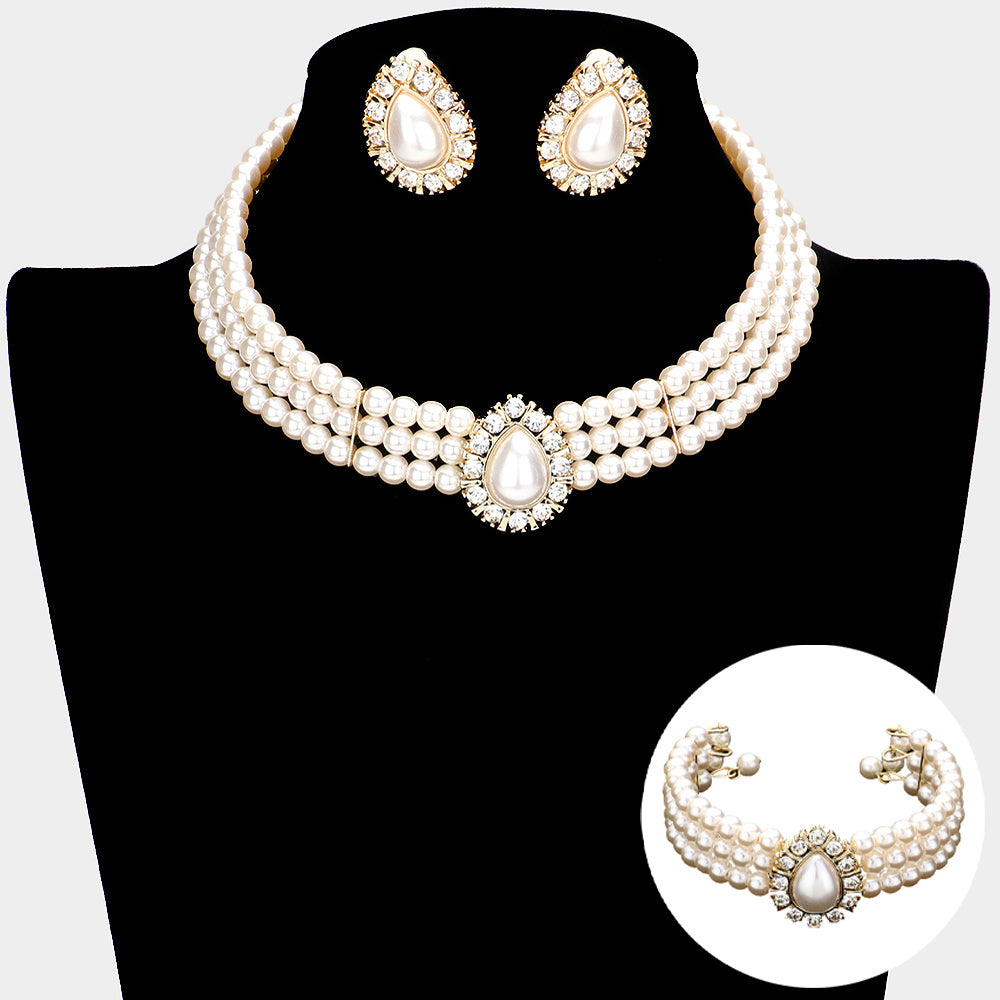 Set de gargantilla, Pulsera y pendientes colgante de corazón brillantes y perlas