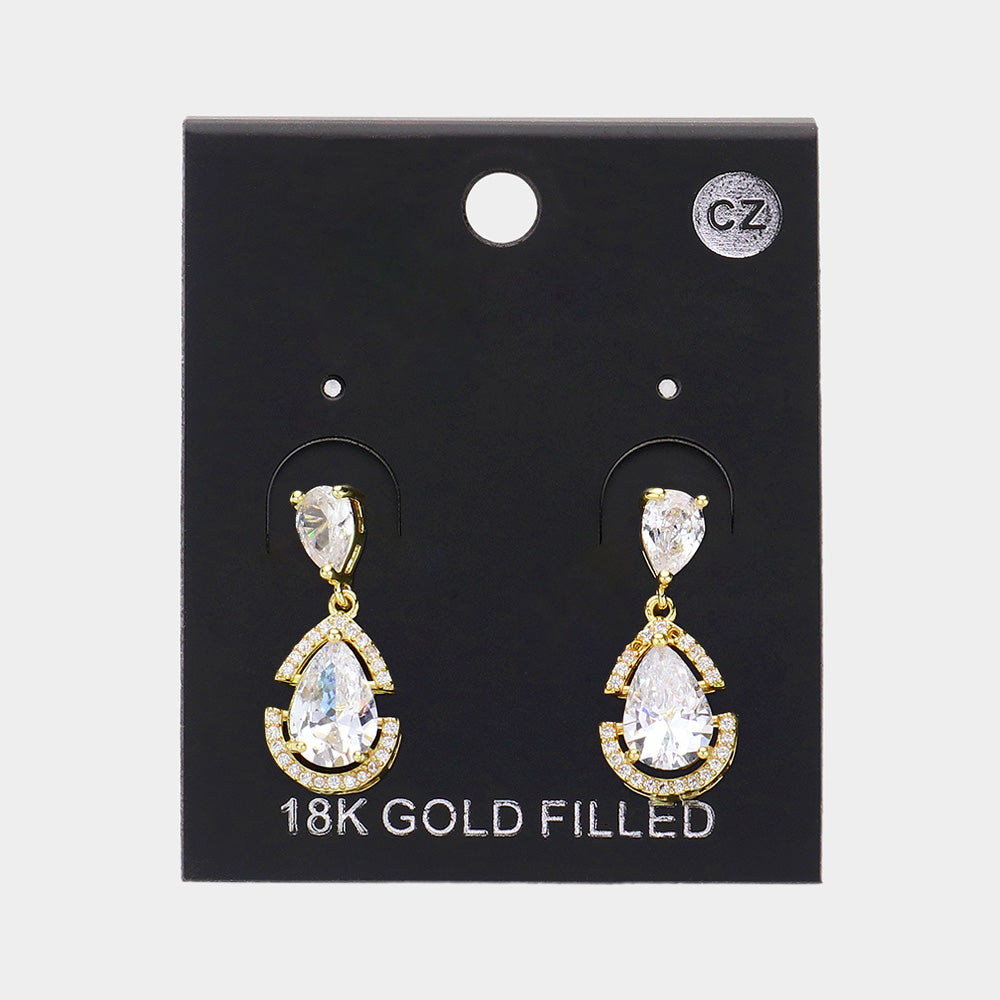 57482228 Aretes de piedra en forma de lágrima con circonita cúbica de oro laminado 18K