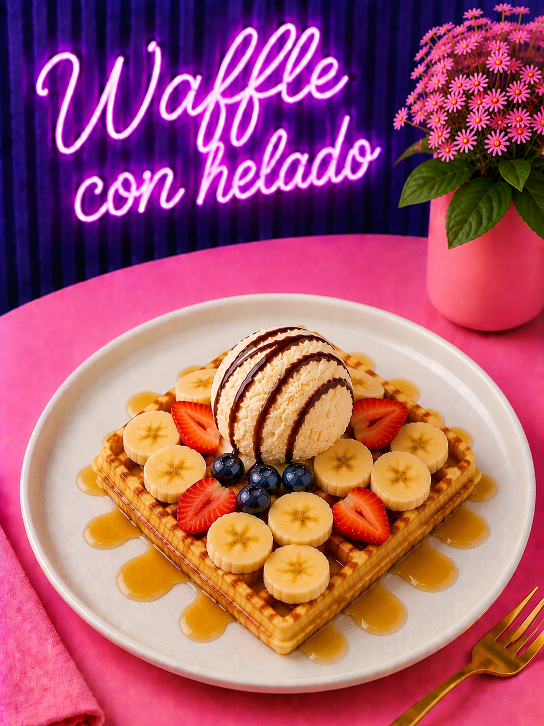 Wafle con helado, frutas y sirope