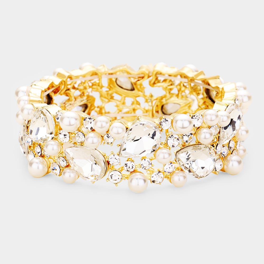 Pulsera elástica adornada con perlas y piedras en forma de lágrima
