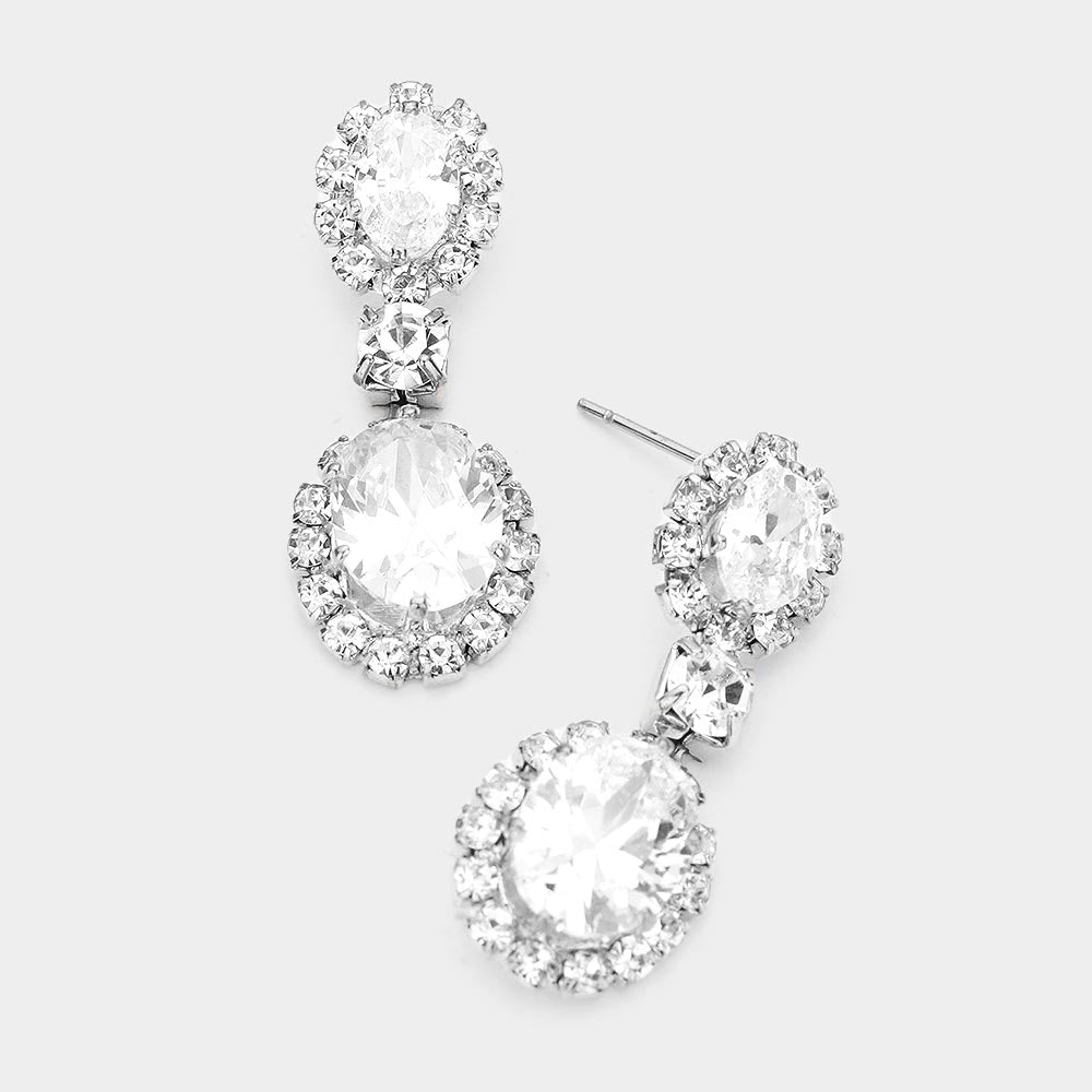 Pendientes colgantes con doble óvalo, acentuados con zirconia cúbica CZ
