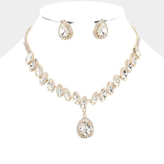 Set de collar y pendientes de noche con piedra tipo lágrimas y  piedras redondas y marquesas