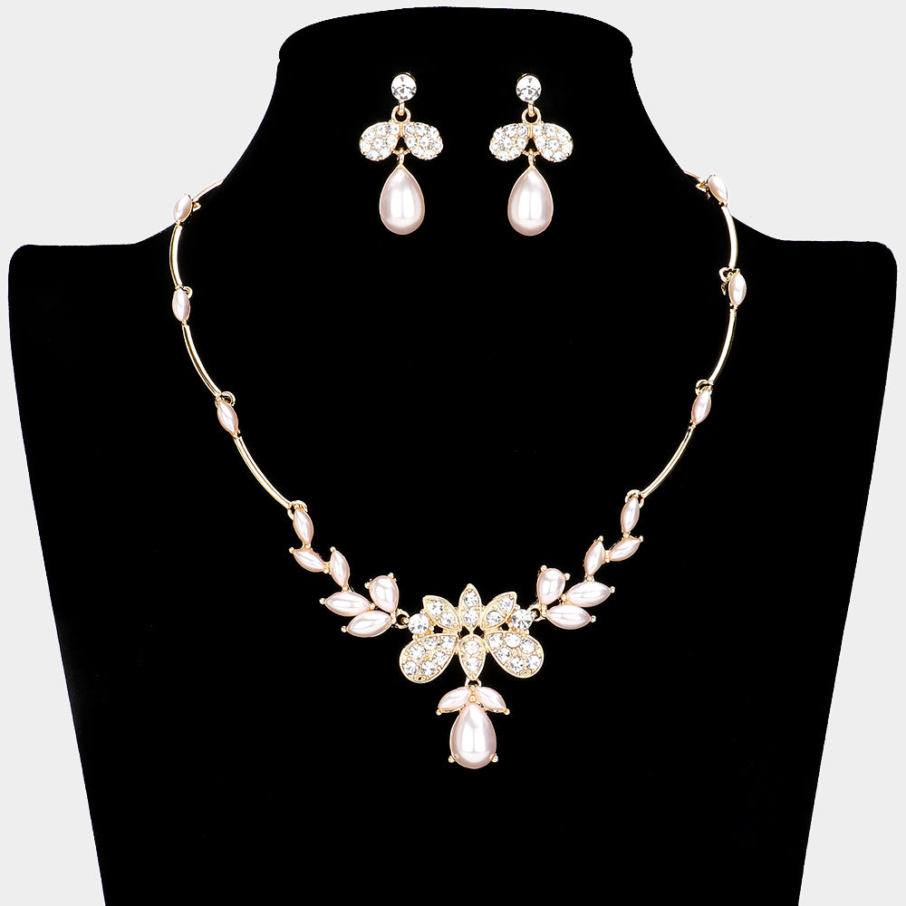 RN20225 Set de collar y aretes con detalles en brillantes y perlas estilos marquesas