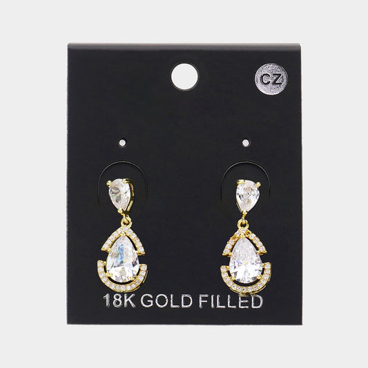 57482228 Aretes de piedra en forma de lágrima con circonita cúbica de oro laminado 18K