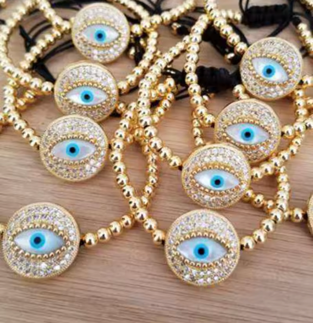 80613620 Pulsera de esferas y ojo turco en oro laminado 18k (3 Capas)